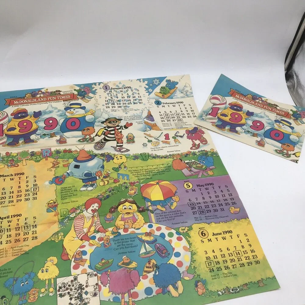 McDonald McDonaldLand Fun Times 1990s Calendar Fold Out Paper Poster + Postcards